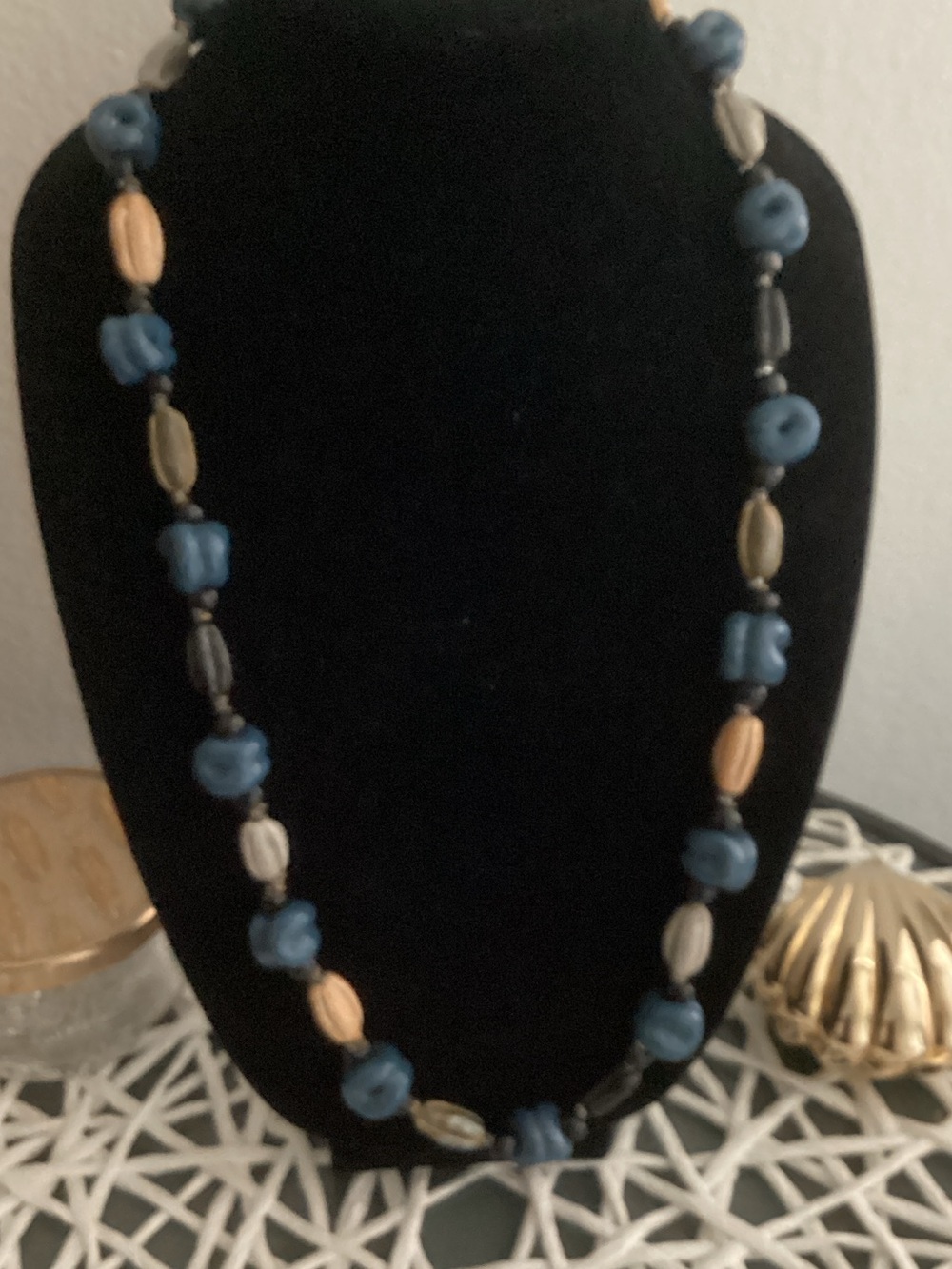 Handmade Blue and Neutral Beaded Women's Necklace